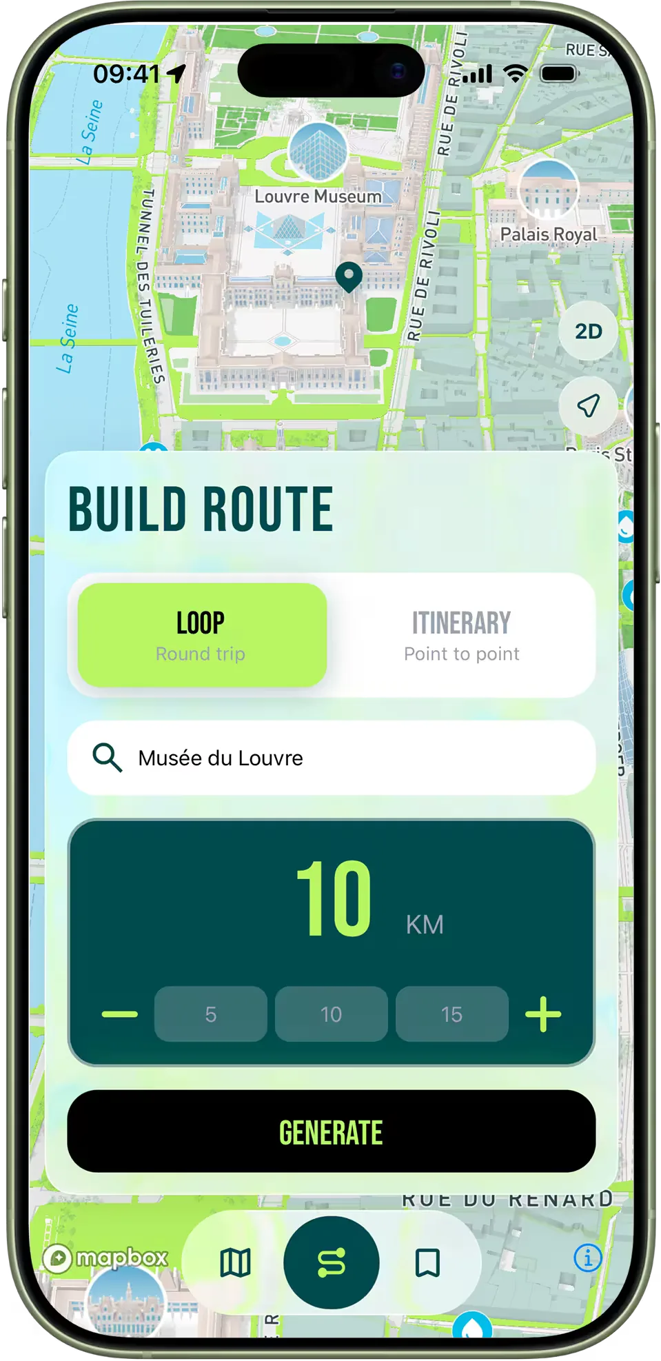 Setting up a 10-kilometre loop route in the RunninParis app