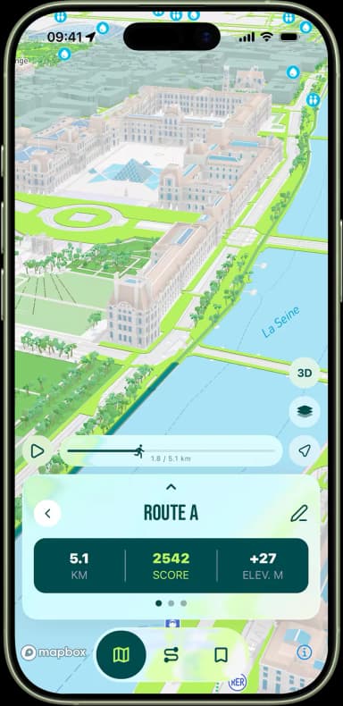 Aperçu 3D immersif d'un parcours de running à travers les rues et monuments de Paris
