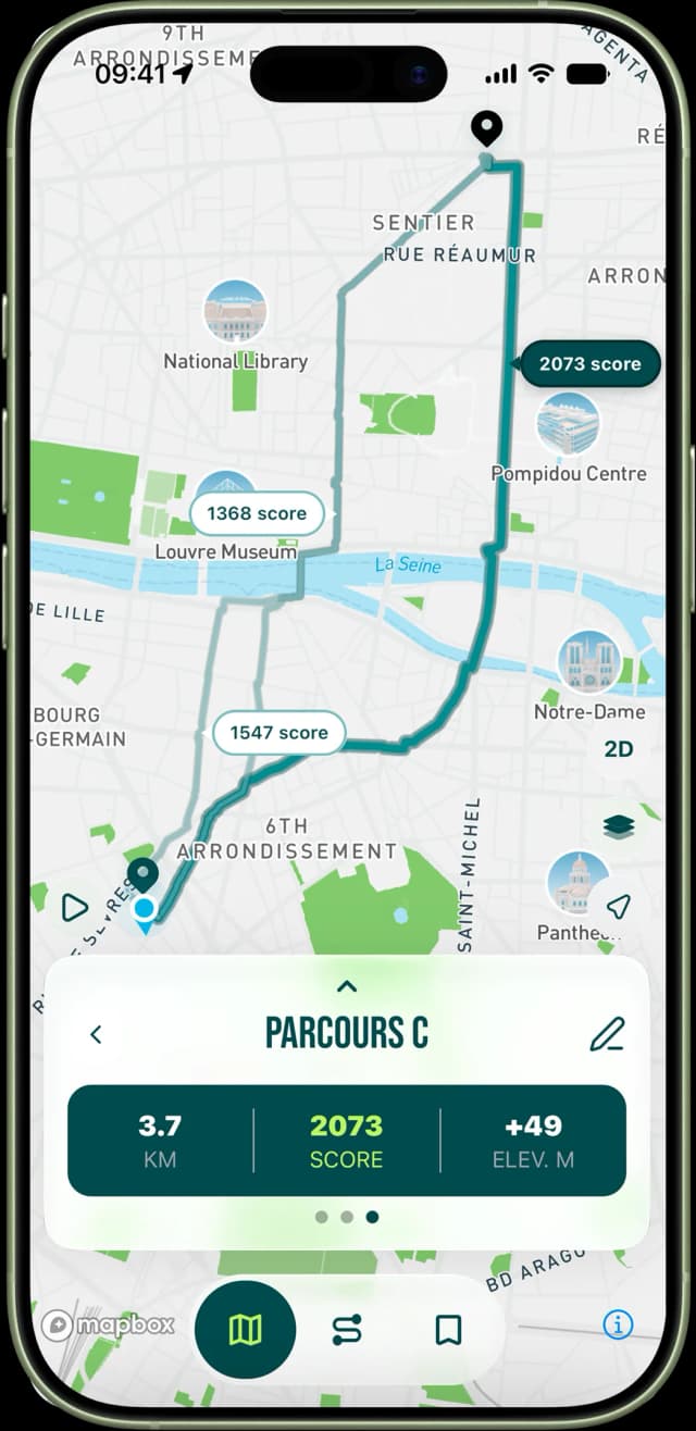 Carte affichant les parcours générés avec leur score global