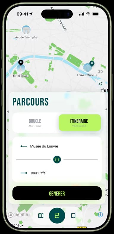Écran de configuration d'un itinéraire de running entre deux adresses à Paris