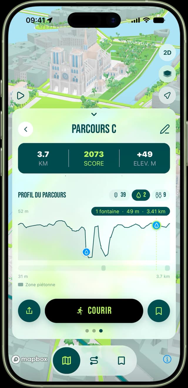Profil détaillé du parcours : portions en parcs et zones piétonnes, dénivelé, passages piétons, fontaines et toilettes