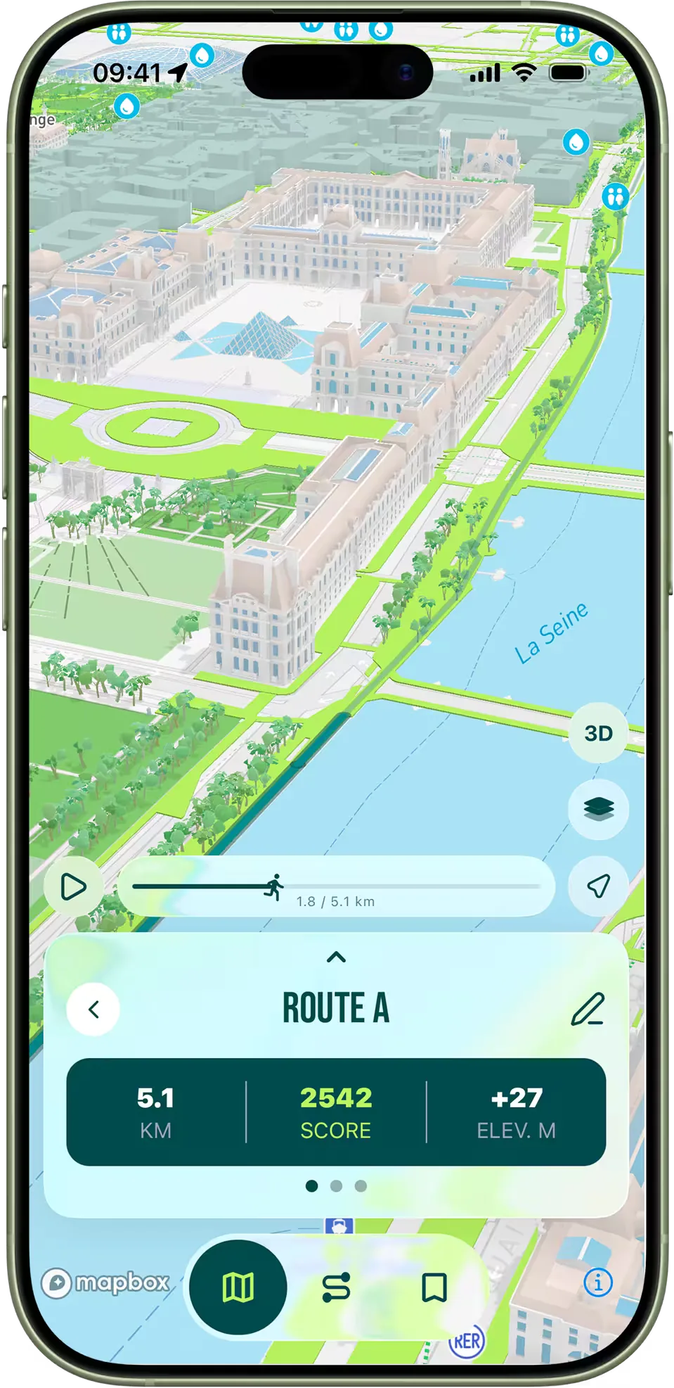 Aerial 3D view of a running route through a Paris park