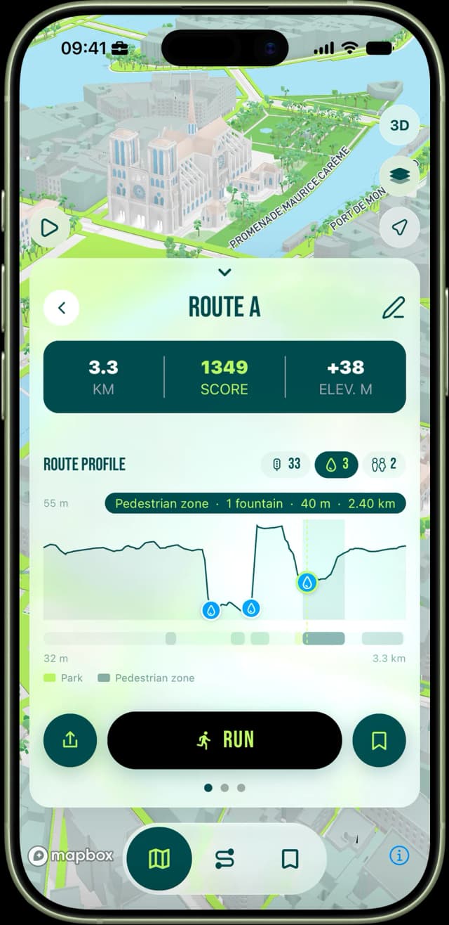 Detailed route profile: park and pedestrian-zone stretches, elevation, crossings, fountains and toilets