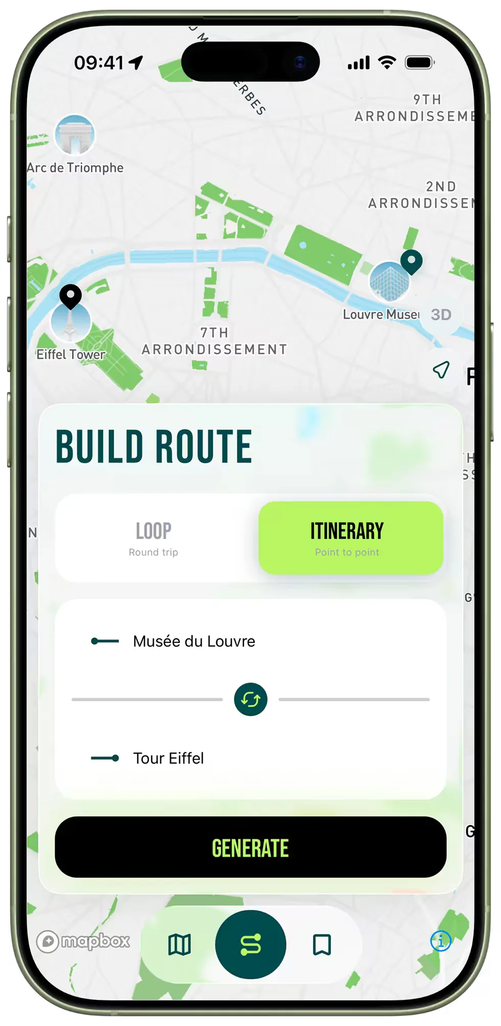 Itinerary setup screen to create a point-to-point morning commute run