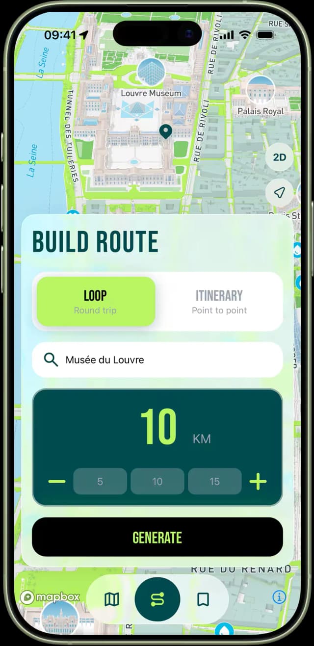 App interface for configuring a run with Loop or Itinerary mode selection