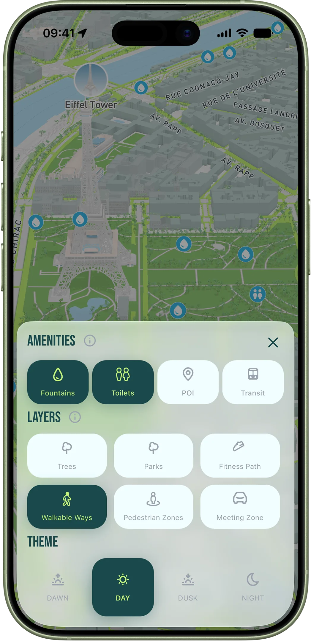 Running map overlays showing fountains and crossings along the canal