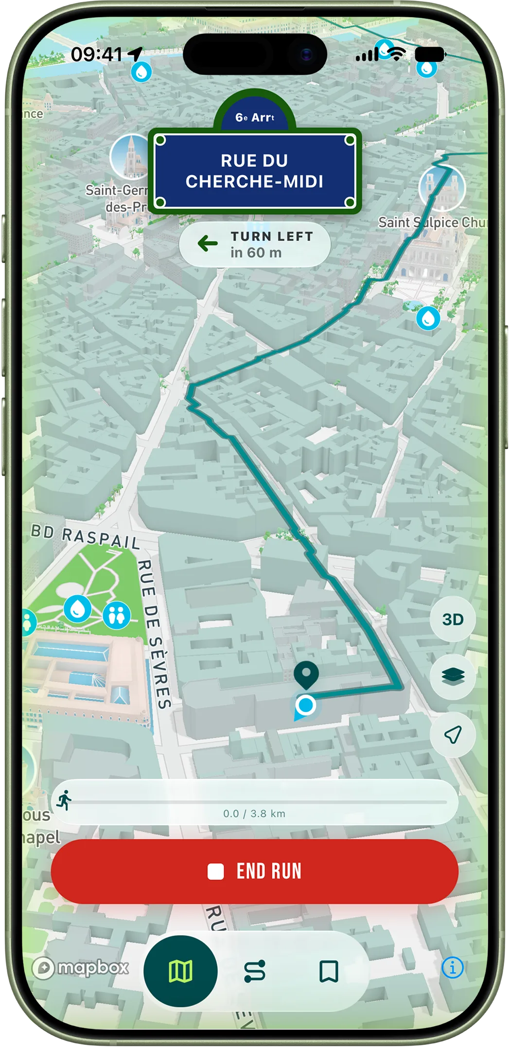 Live running mode showing a blue dot navigating a pedestrian zone