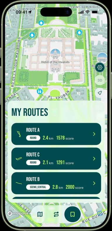 Personal library of saved running routes showing distance and score