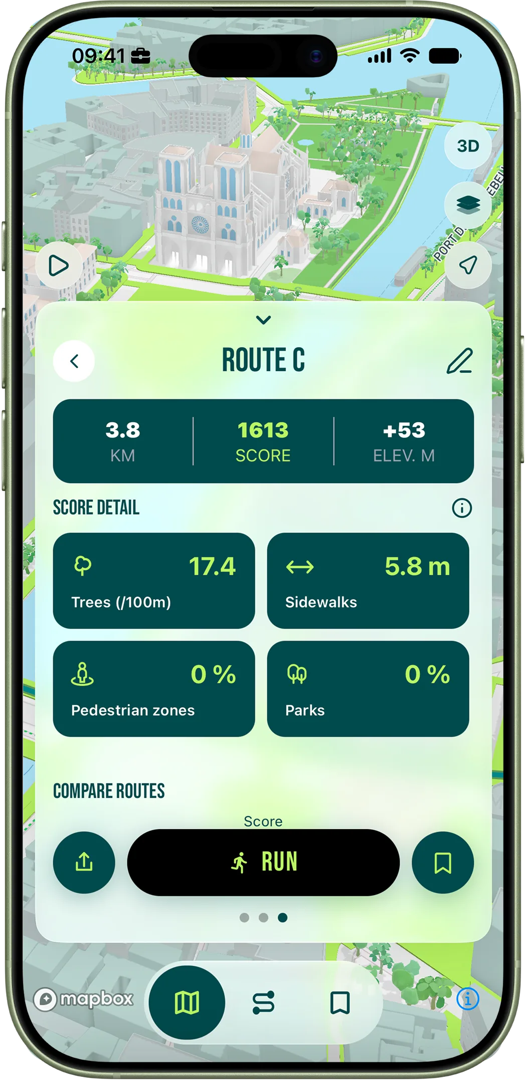 The in-app score breakdown for a generated route