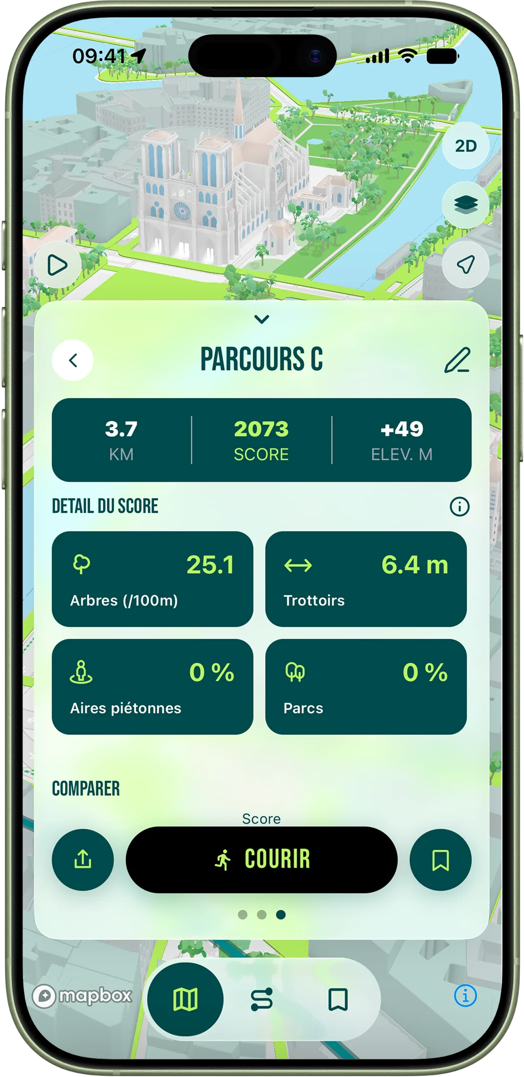 Le détail du score affiché dans l'app pour un parcours généré