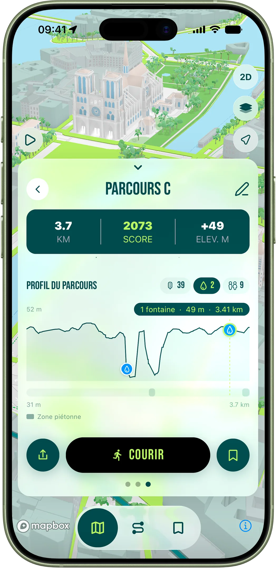 Profil d'élévation d'un parcours au Bois de Vincennes dans l'app