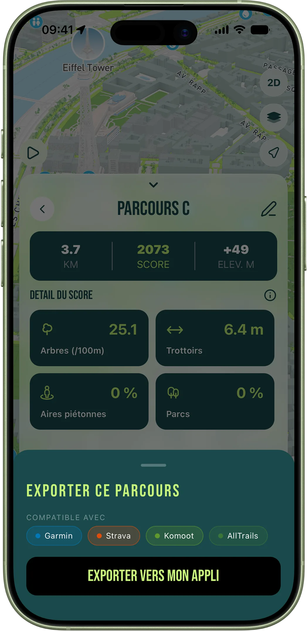 Menu d'export GPX pour envoyer les parcours vers Garmin ou Strava