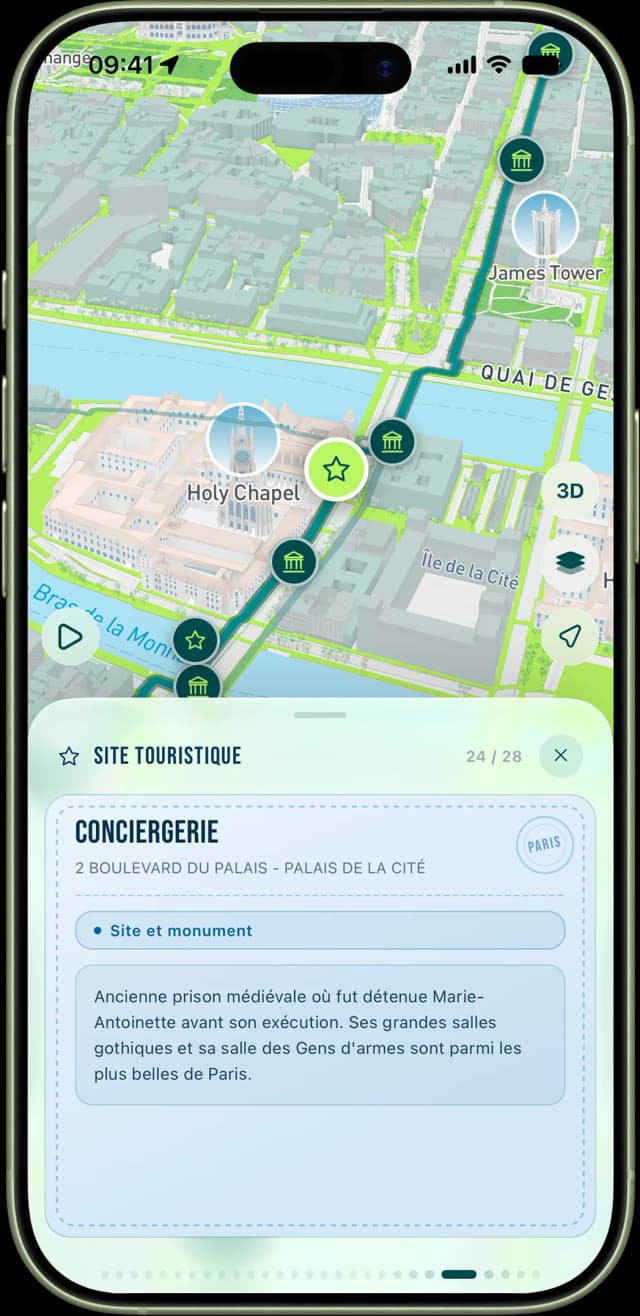 Mode Culture de RunninParis : un parcours passant par un monument de Paris avec une carte d'information à faire défiler